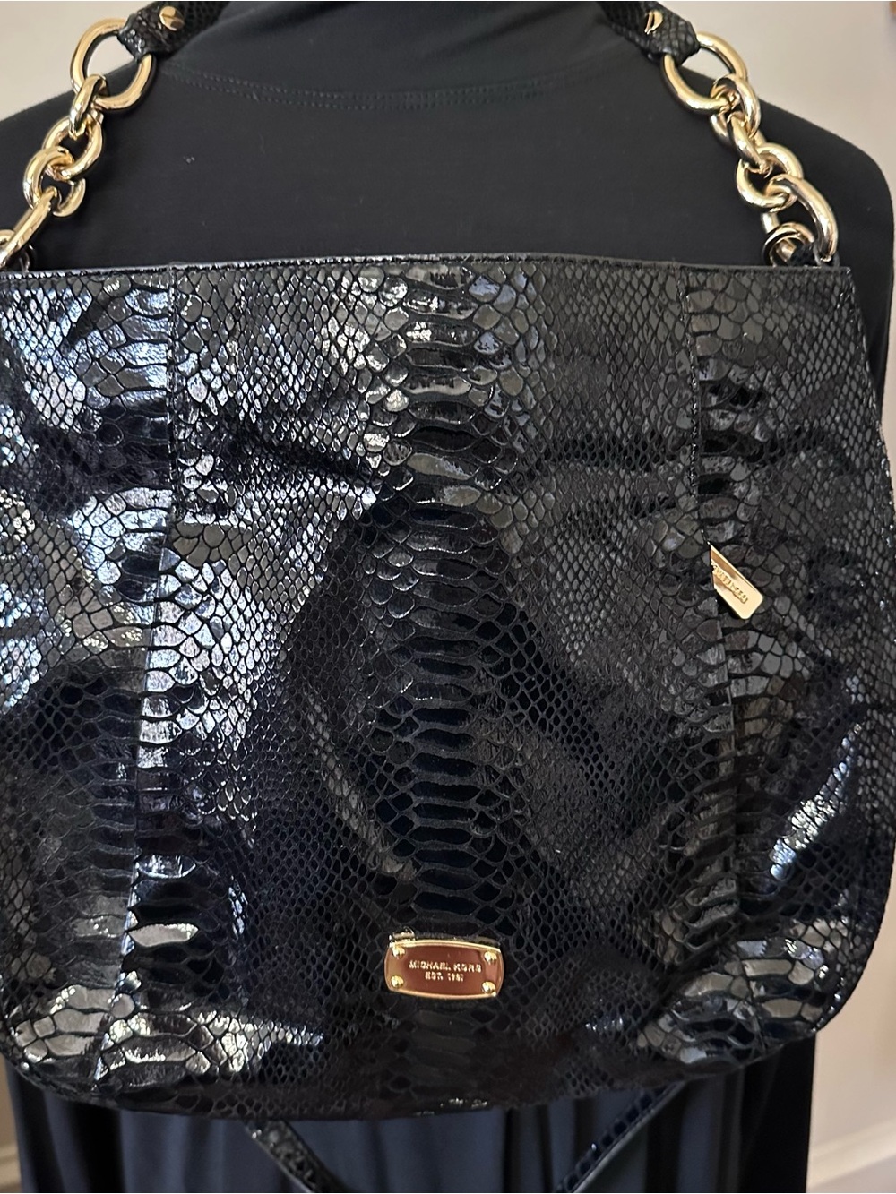 Michael Kors Black Patent Snakeskin-Embossed Shoulder Tote with Gold Chain hndls